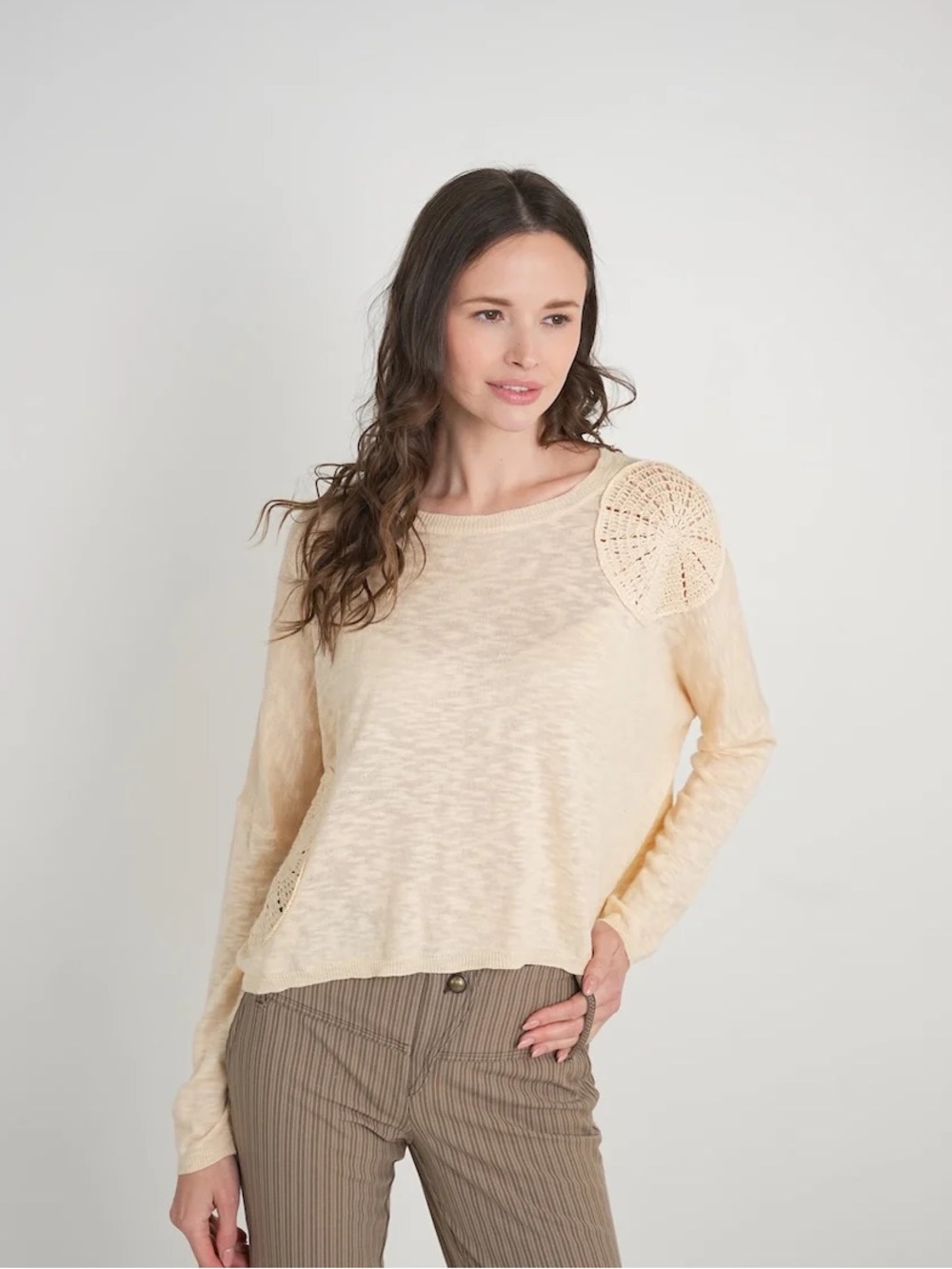 STITCHDROP surfside,Crochet Accent Long Sleeve Pullover